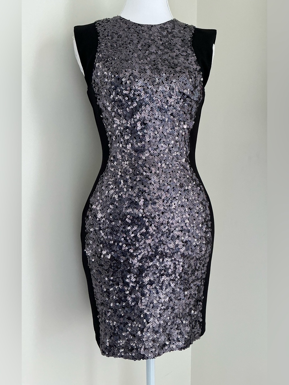 French Connection Silver Sequin Panel Bodycon Dress with Black Sides